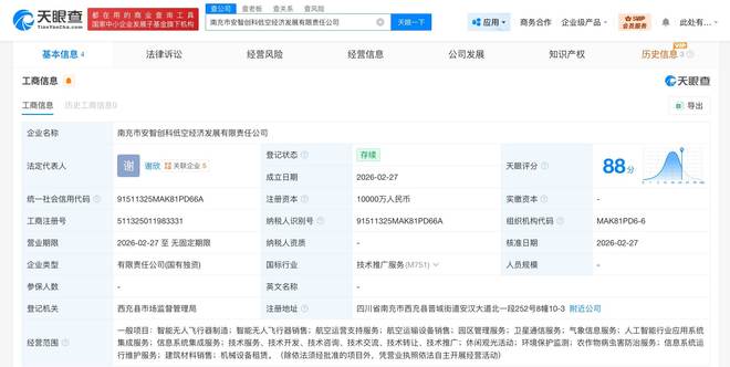 低空經(jīng)濟(jì)新勢(shì)力 南充安智創(chuàng)科攜1億注冊(cè)資本進(jìn)軍智能無(wú)人飛行器市場(chǎng)